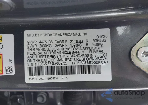 2020 Honda Accord Sport 2.0T из США, поврежденный, VIN 1HGCV2F30LA009728